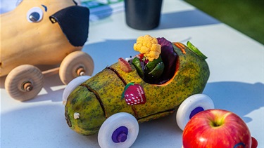 Vegetable racecars lined up for judging