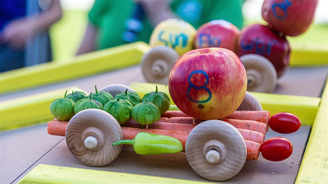 decorated vegetable cars at the starting line of the racetrack