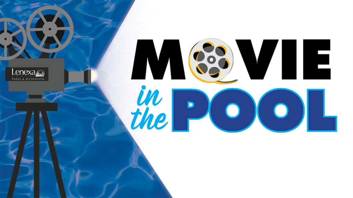 Movie in the Pool graphic with camera and water