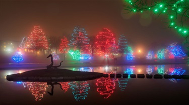 The Serpent sculpture on pond with stepping stones surrounded by holiday-decorated trees