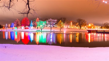 Trees decorated with holiday lights on snowy evening