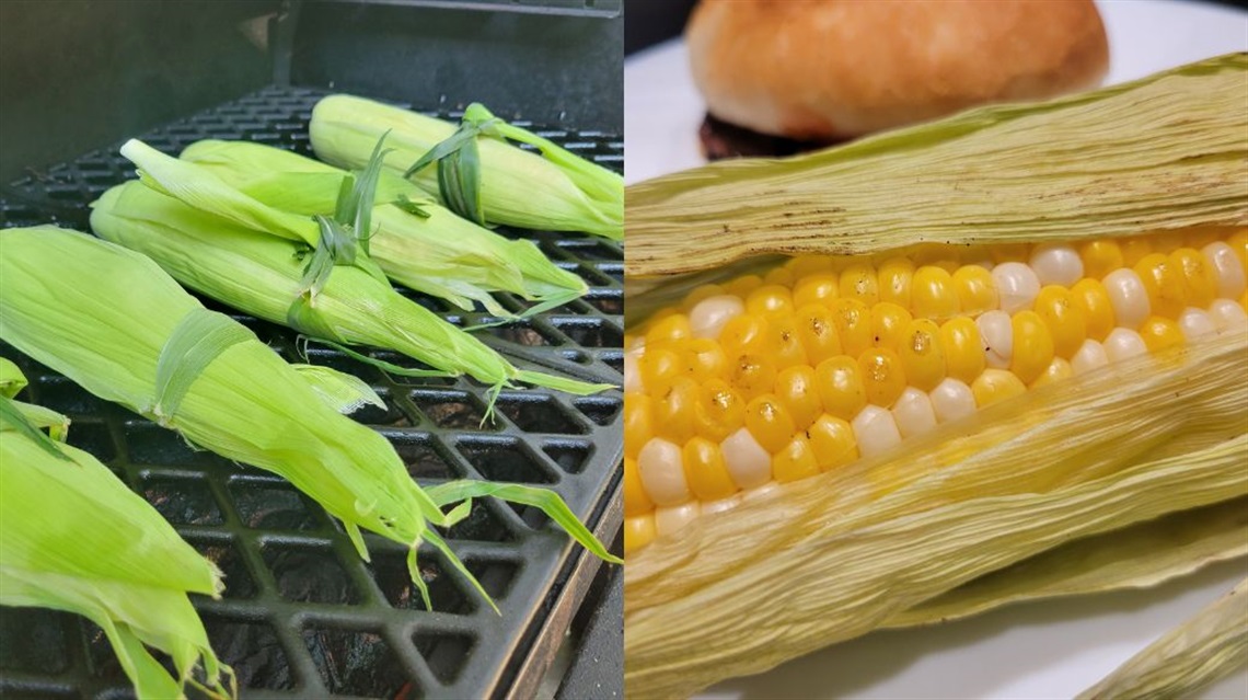 collage of images featuring corn in husks cooking on grill and grilled corn on plate next to burger