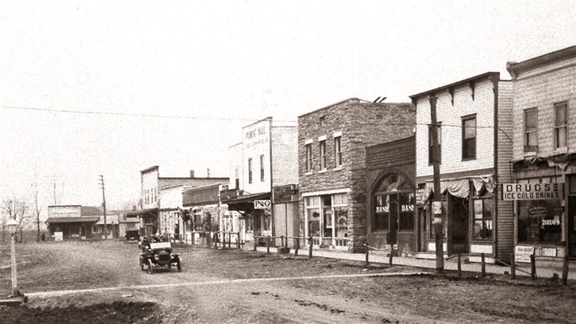 Historic photo of Old Town Lenexa in black and white