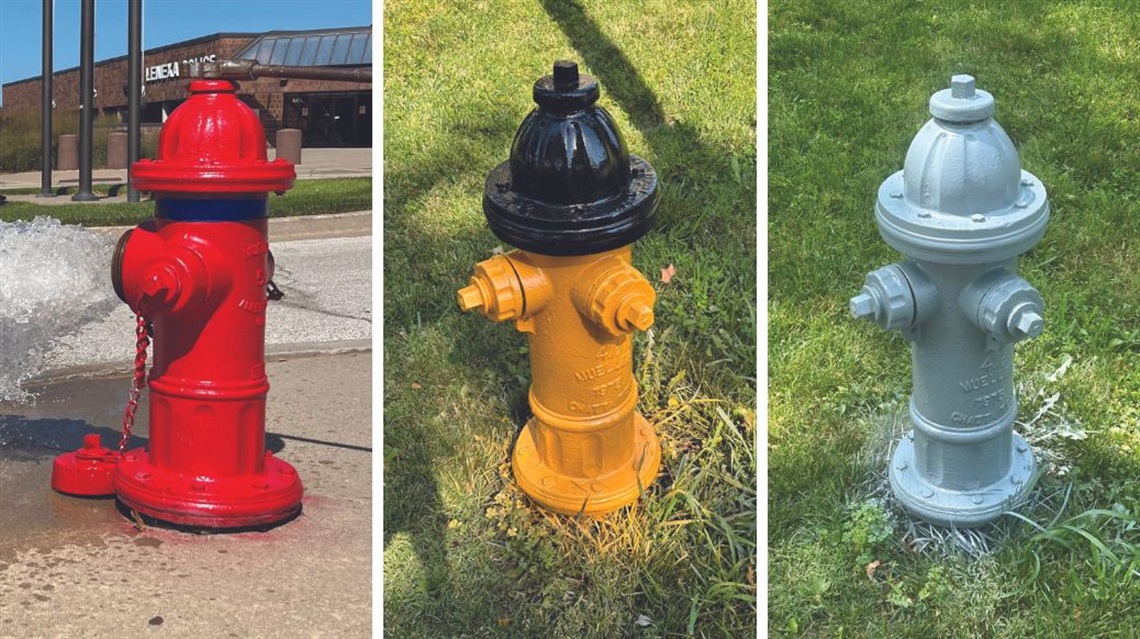 photo grid of three fire hydrants painted red, black and yellow and gray