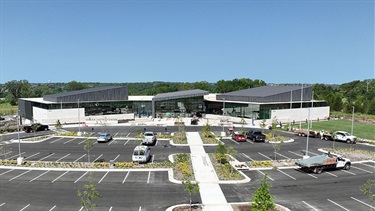 Birds-eye view of Lenexa Justice Center exterior and parking lot