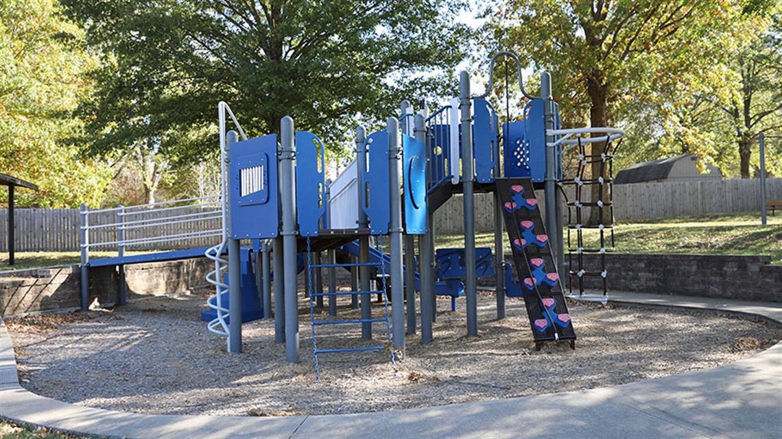 Blue playground with trees in background