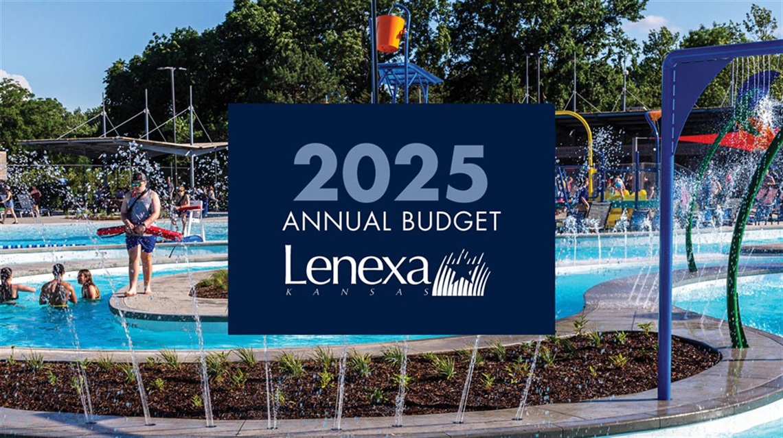 2025 Annual Budget graphic overlaid on photo of Sar-Ko-Par Aquatic Center