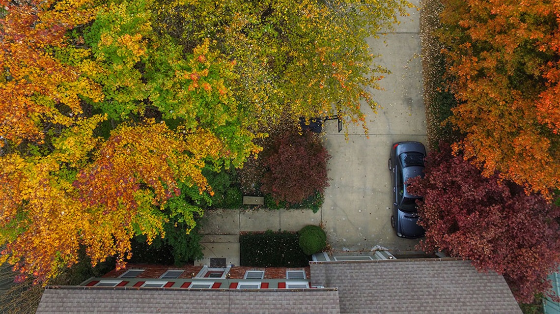 aerial view of house with car in driveway during autumn