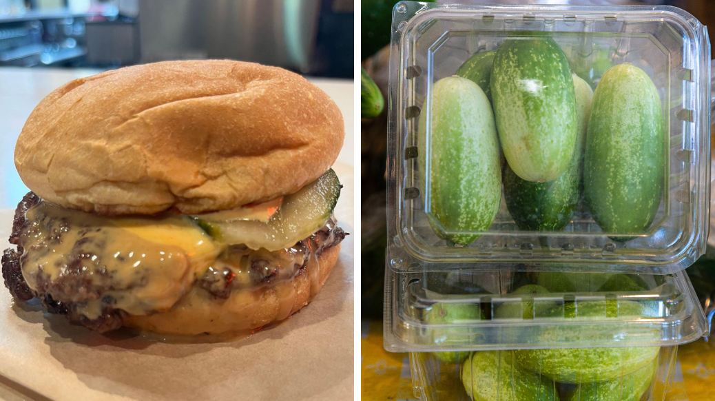 Goober burger from Cosmo Burger on the left and cucumbers on the right