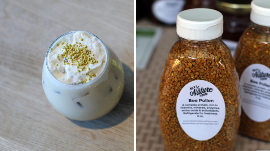 Lavender latte from Mr. D's Coffee and bottle of bee pollen